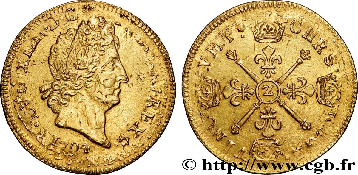 LOUIS XIV  THE SUN KING  Louis d or aux insignes 1704 Grenoble AU