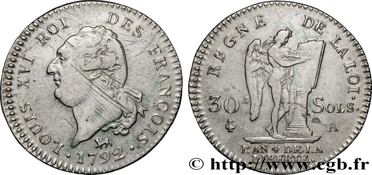 LOUIS XVI (MONARQUE CONSTITUTIONNEL)  30 sols dit  au génie , type FRANÇOIS 1792 Paris TB+