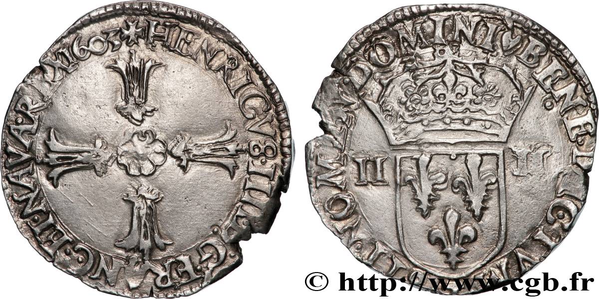 HENRY IV Quart d écu, croix feuillue de face 1603 Nantes AU
