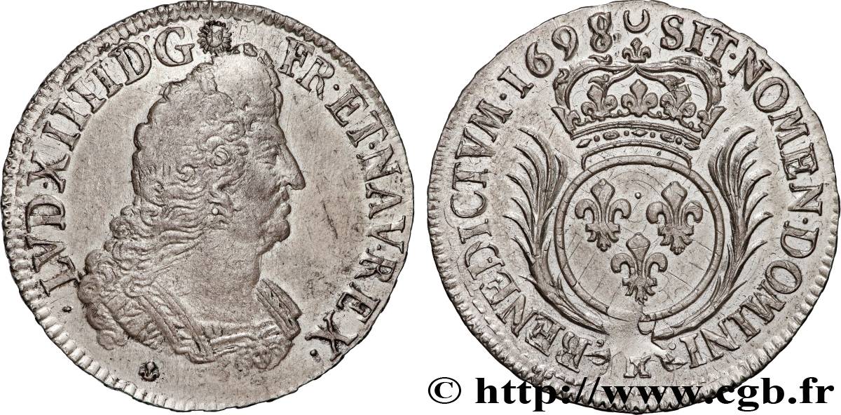 LOUIS XIV  THE SUN KING  Demi-écu aux palmes 1698 Bordeaux AU/AU