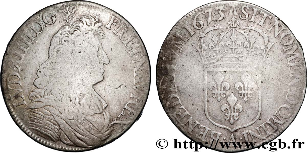 LOUIS XIV  THE SUN KING  Écu, portrait à la cravate courte 1673 Paris VF/VF