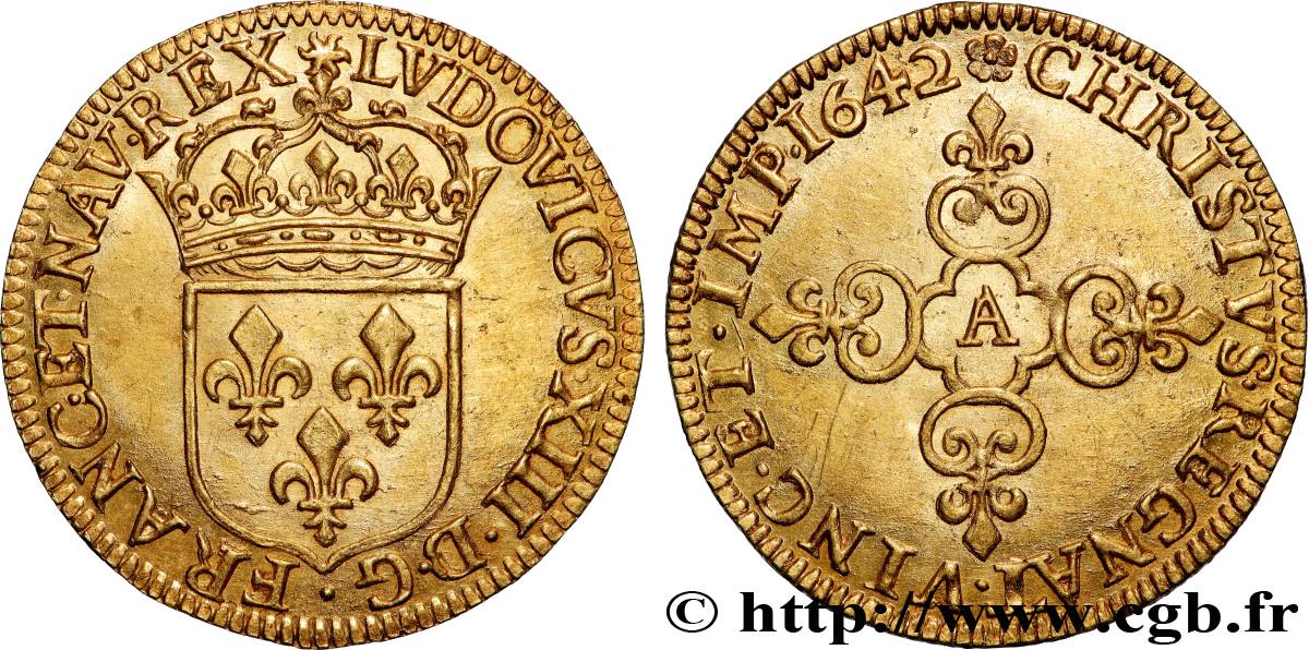 LOUIS XIII Écu d or au soleil, à la croix anillée fleurdelisée 1642 Paris, Monnaie du Louvre AU