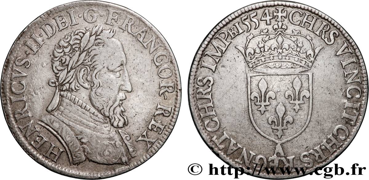 HENRI II Teston au buste lauré, 1er type, fabriqué au moulin 1554 Paris, Moulin des Étuves TTB