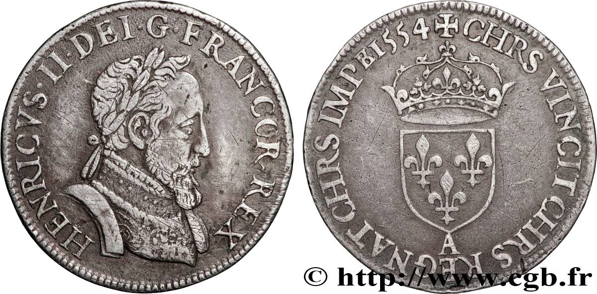 HENRY II Demi-teston au buste lauré, fabriqué au moulin 1554 Paris XF/AU