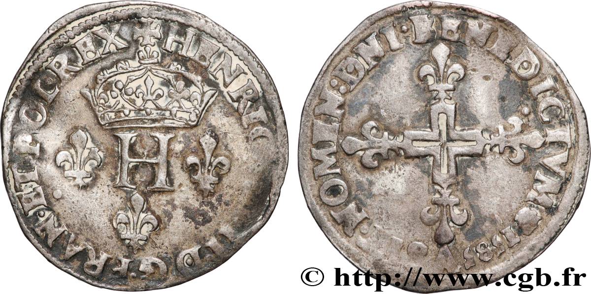 HENRI III Double sol parisis, 2e type 1585 Paris TTB