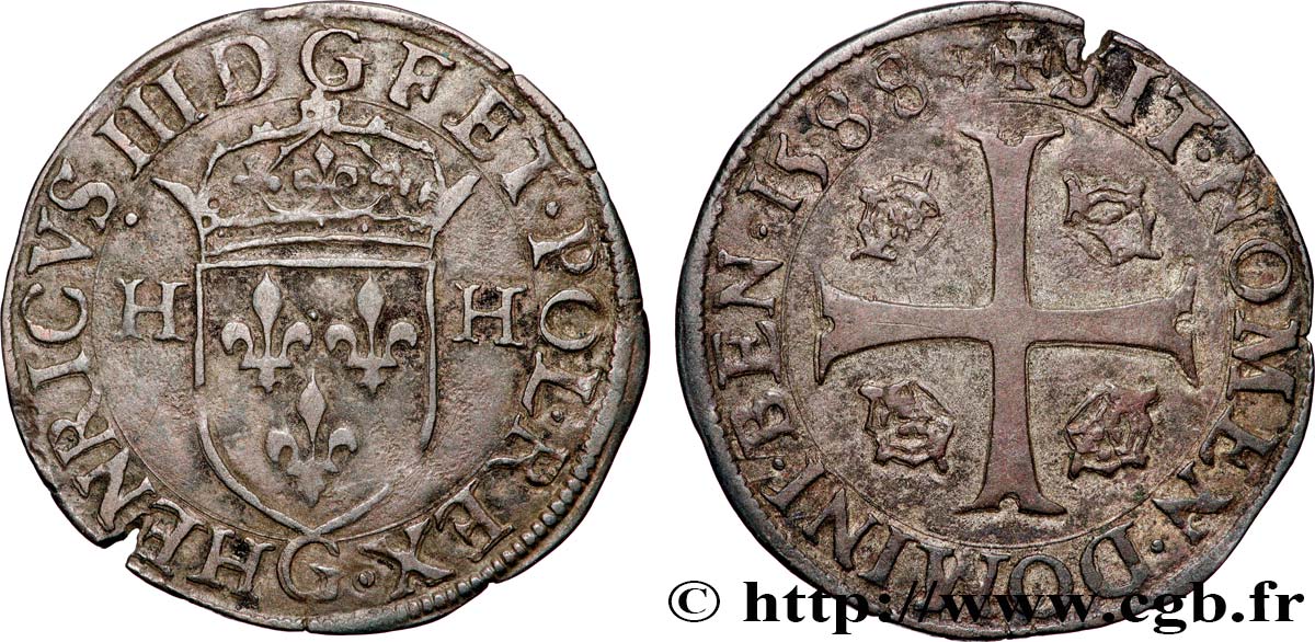 HENRY III Douzain aux deux H, 1er type 1588 Poitiers XF