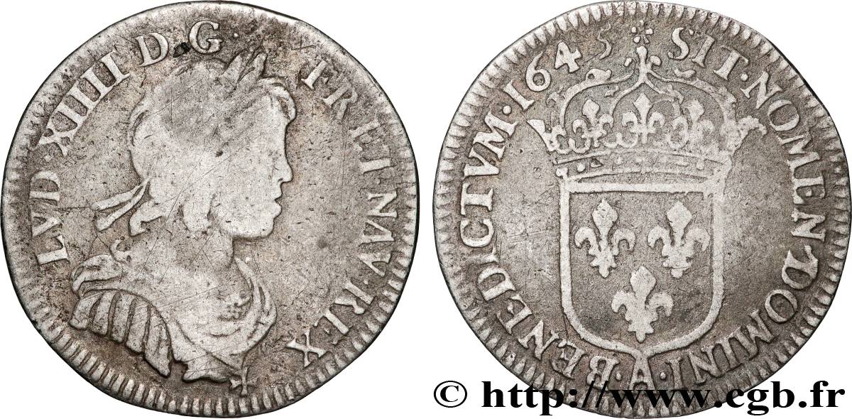 LOUIS XIV  THE SUN KING  Douzième d écu, portrait à la mèche courte 1645 Paris, Monnaie de Matignon S/fSS