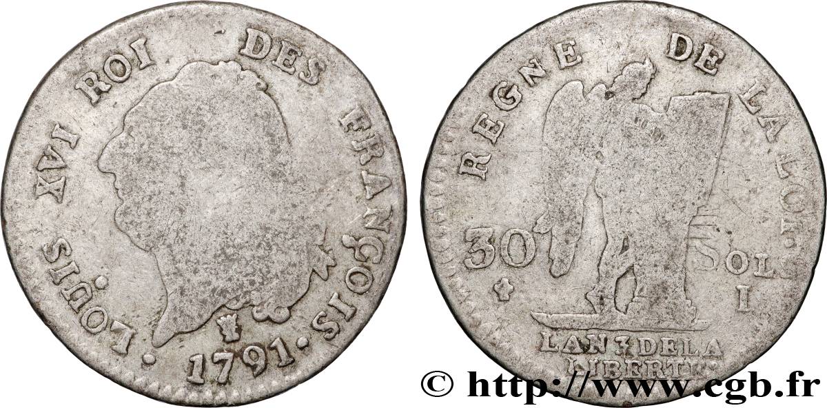 LOUIS XVI 30 sols dit  au génie , type FRANÇOIS 1791 Limoges MB