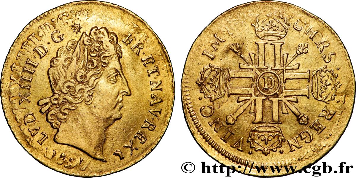 LOUIS XIV LE GRAND OU LE ROI SOLEIL Louis d or aux quatre L 1697 Lyon TTB