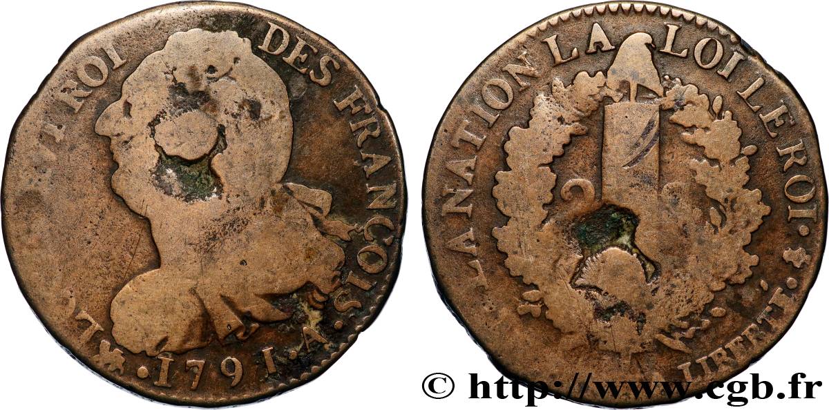 LOUIS XVI (MONARQUE CONSTITUTIONNEL)  2 sols dit  au faisceau , type FRANÇOIS 1791 Paris TB