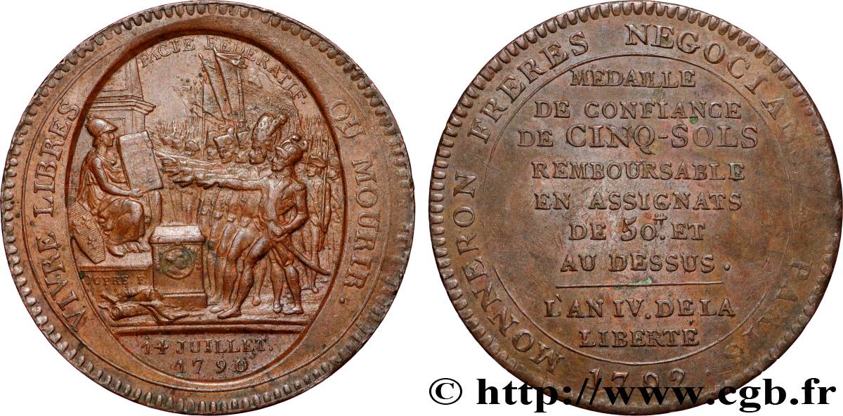 REVOLUTION COINAGE / CONFIANCE (MONNAIES DE…) Monneron de 5 sols au serment (An IV), 3e type 1792 Birmingham, Soho XF/AU