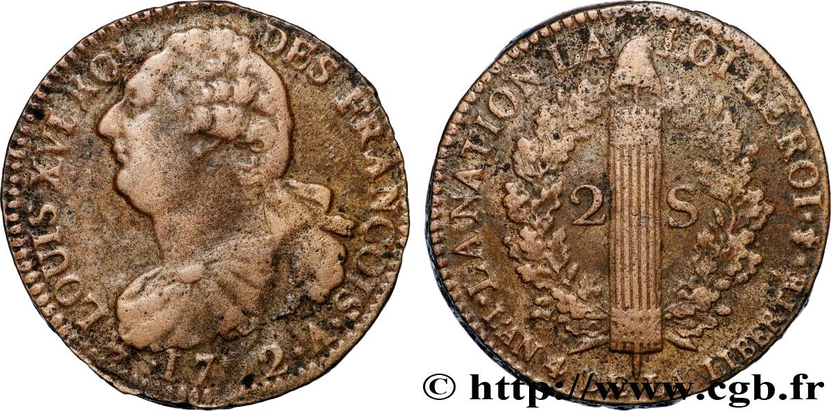 LOUIS XVI (MONARQUE CONSTITUTIONNEL)  2 sols dit  au faisceau , type FRANÇOIS 1792 Paris TTB
