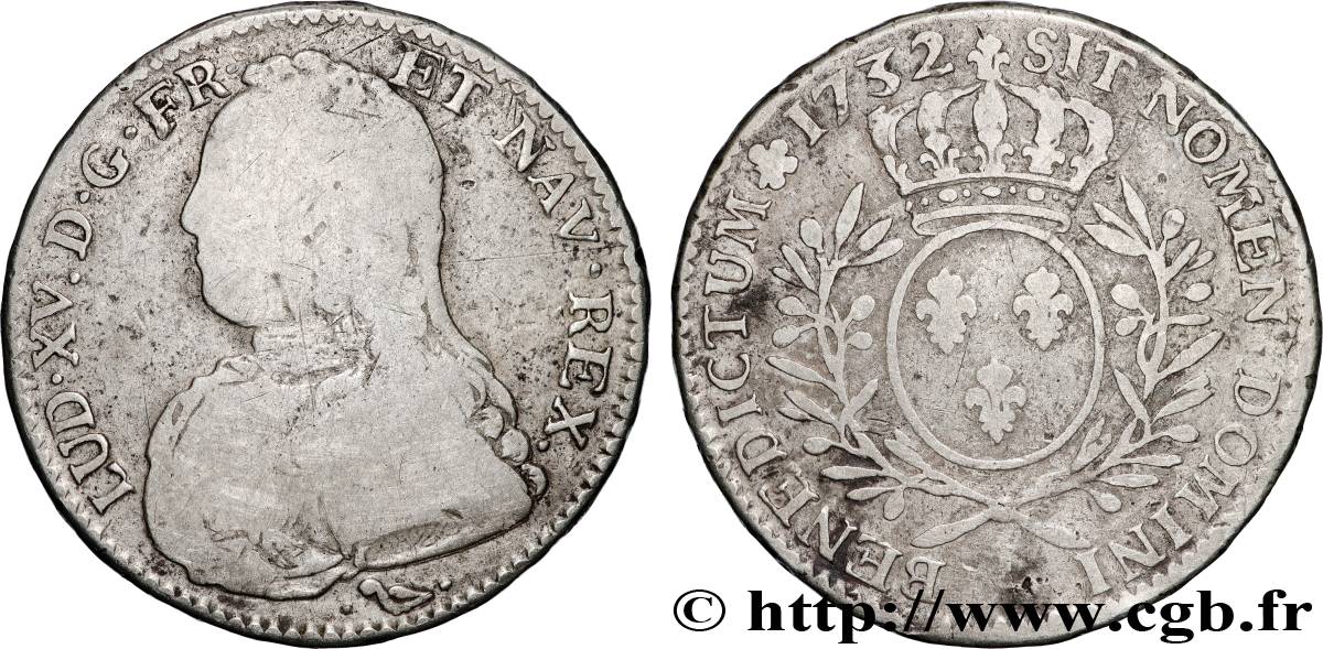 LOUIS XV  THE WELL-BELOVED  Demi-écu aux branches d olivier, buste habillé 1732 Bayonne F/VF