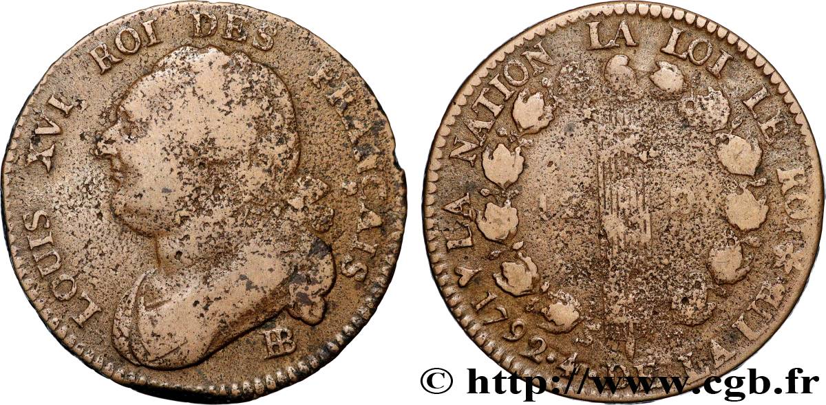 LOUIS XVI (MONARQUE CONSTITUTIONNEL)  12 deniers dit  au faisceau , type FRANÇAIS 1792 Strasbourg TB