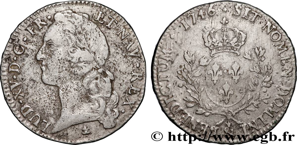 LOUIS XV THE BELOVED Écu aux branches d’olivier, tête ceinte d’un bandeau 1746 Aix-en-Provence XF