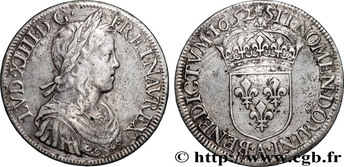 LOUIS XIV LE GRAND OU LE ROI SOLEIL Écu, portrait à la mèche longue 1652 Paris TTB