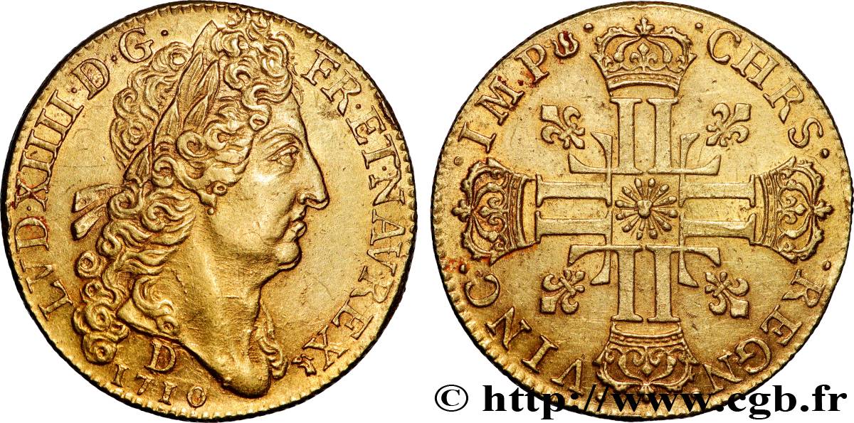 LOUIS XIV LE GRAND OU LE ROI SOLEIL Double louis d or au soleil 1710 Lyon SUP