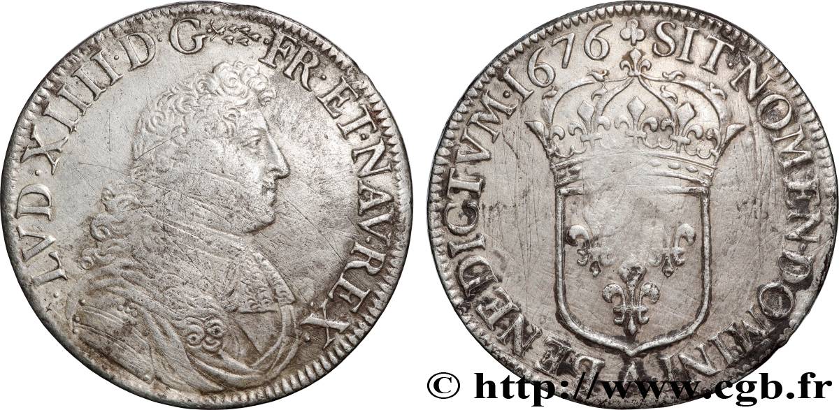 LOUIS XIV LE GRAND OU LE ROI SOLEIL Écu, portrait à la cravate courte 1676 Paris TB+
