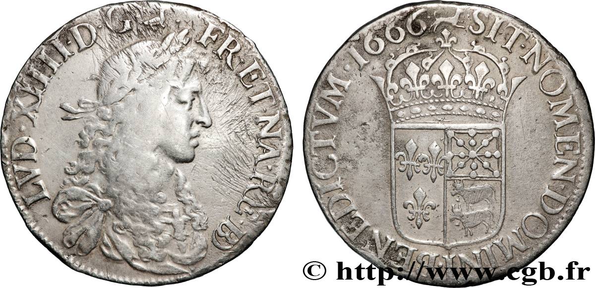 LOUIS XIV  THE SUN KING  Écu de Béarn, portrait apollinien 1666 Pau VF/XF
