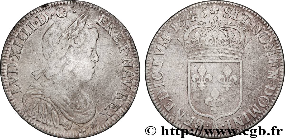 LOUIS XIV  THE SUN KING  Demi-écu, portrait à la mèche courte 1645 Paris, Monnaie de Matignon VF