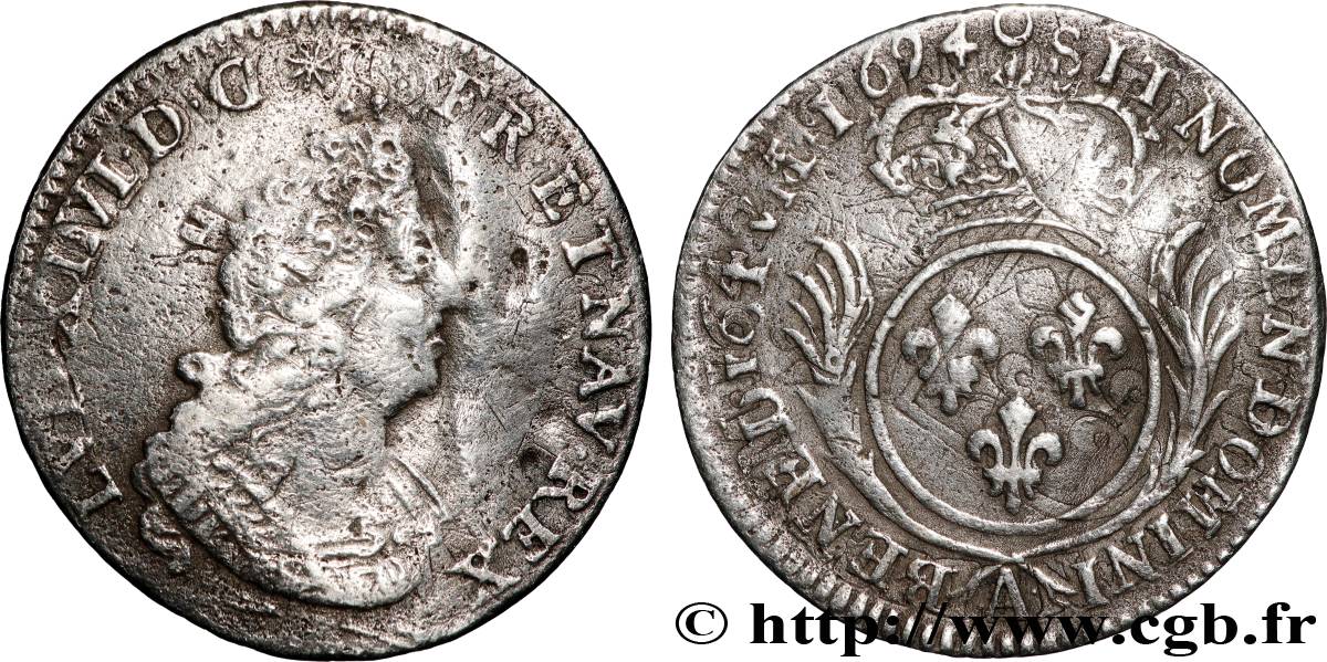 LOUIS XIV LE GRAND OU LE ROI SOLEIL Douzième d écu aux palmes 1694 Paris TB+/TTB
