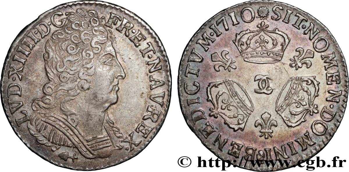 LOUIS XIV LE GRAND OU LE ROI SOLEIL Dixième d écu aux trois couronnes 1710 Besançon TTB+/SUP