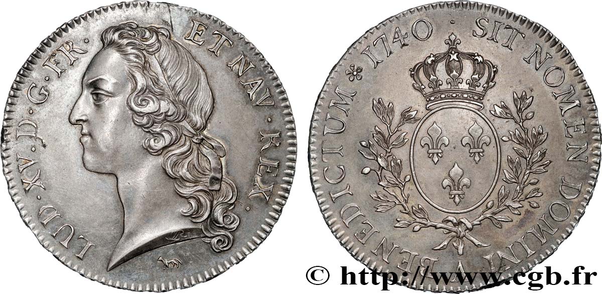 LOUIS XV DIT LE BIEN AIMÉ Écu aux branches d’olivier, tête ceinte d’un bandeau 1740 Paris SUP/SPL