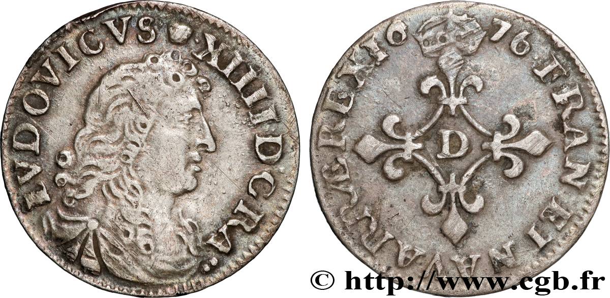 LOUIS XIV LE GRAND OU LE ROI SOLEIL Quatre sols à la croix formée de lis 1676 Vimy-en-Lyonnais (actuellement Neuville-sur-Saône) TTB