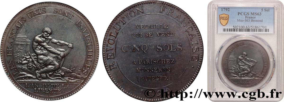 REVOLUTION COINAGE Monneron de 5 sols à l Hercule 1792  MS63