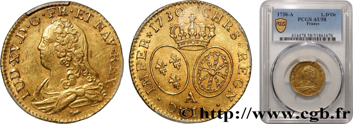 LOUIS XV THE BELOVED Louis d or aux écus ovales, buste habillé 1730 Paris AU58