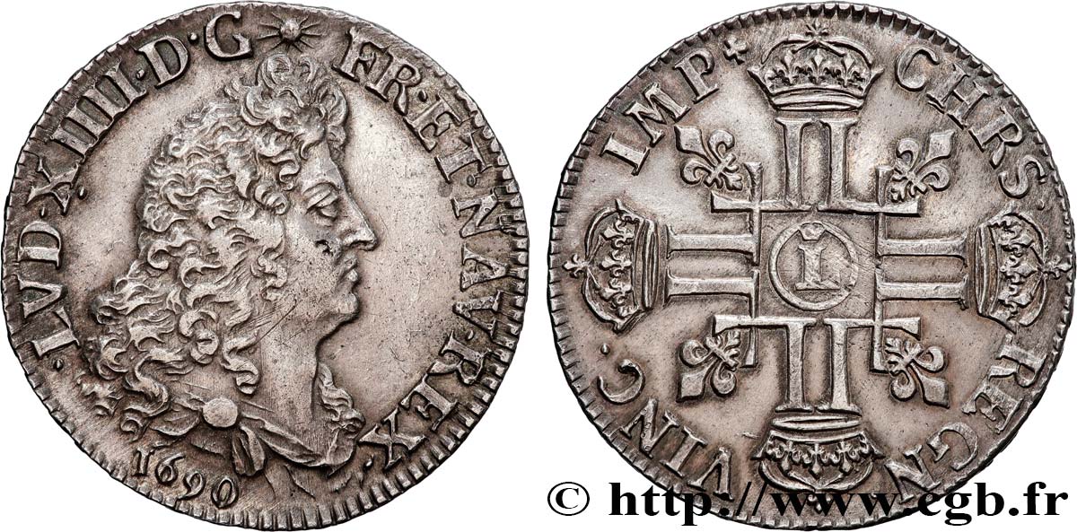 LOUIS XIV  THE SUN KING  Demi-écu aux huit L, 1er type 1690 Lille AU/AU