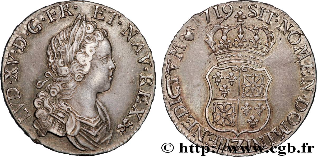 LOUIS XV THE BELOVED Demi-écu à l’écu écartelé de France et de Navarre 1719 Grenoble AU/AU