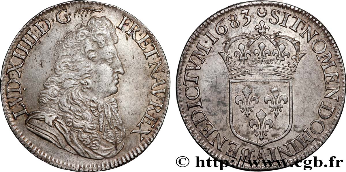 LOUIS XIV LE GRAND OU LE ROI SOLEIL Demi-écu, portrait à la cravate longue et fournie 1683 Paris SUP