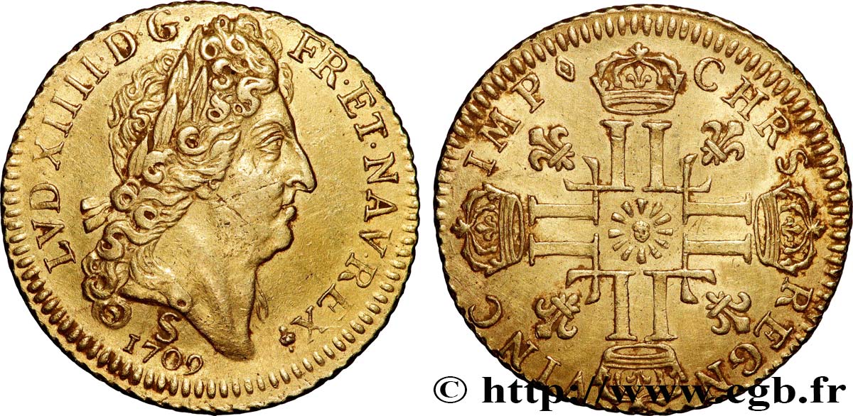 LOUIS XIV  THE SUN KING  Louis d or au soleil 1709 Reims SPL