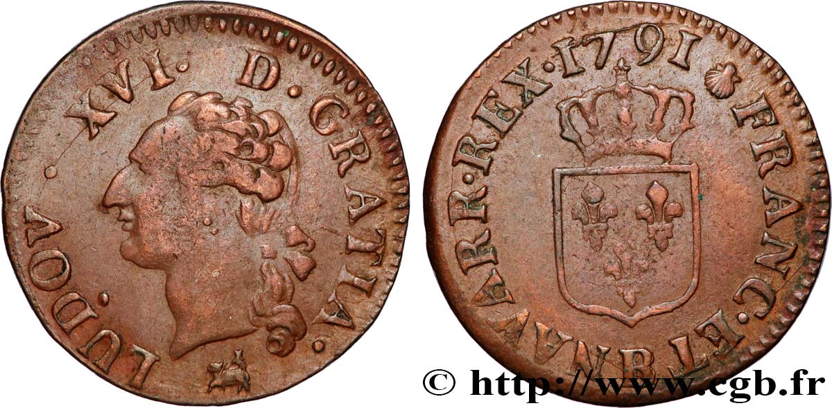 LOUIS XVI Liard dit  à l écu  1791 Rouen XF