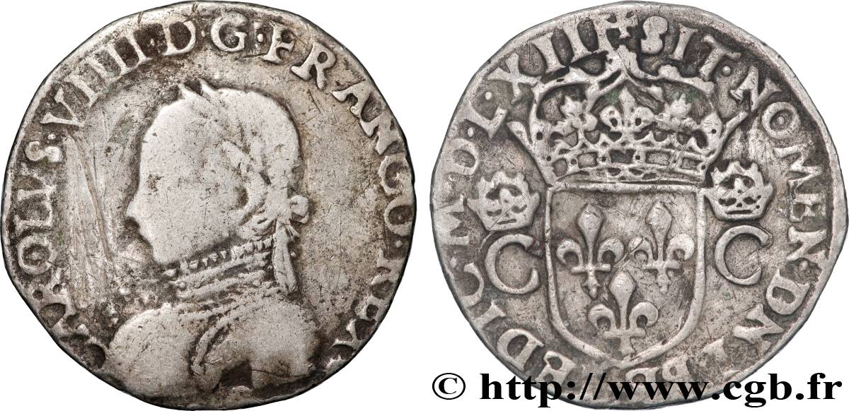CHARLES IX Teston, 1er type 1563 Angers VF/XF
