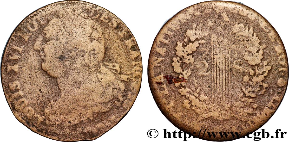 LOUIS XVI 2 sols dit  au faisceau , type FRANÇOIS s.d.  fS