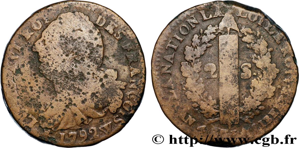 LOUIS XVI 2 sols dit  au faisceau , type FRANCOIS 1792 Lille F