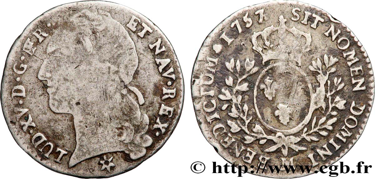 LOUIS XV DIT LE BIEN AIMÉ Dixième d écu aux branches d’olivier, tête ceinte d’un bandeau 1757 Toulouse TB