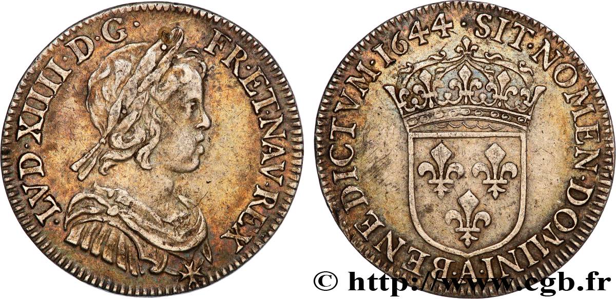 LOUIS XIV  THE SUN KING  Quart d écu, portrait à la mèche courte 1644 Paris, Monnaie du Louvre XF/AU