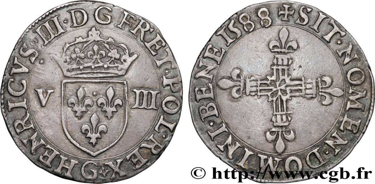 HENRI III Huitième d écu, écu de face 1588 Poitiers TTB+/SUP