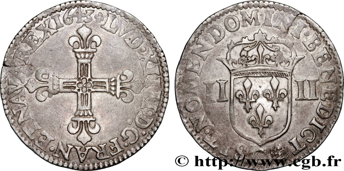 LOUIS XIV  THE SUN KING  Quart d écu, titulature côté croix 1643 Saint-Lô AU