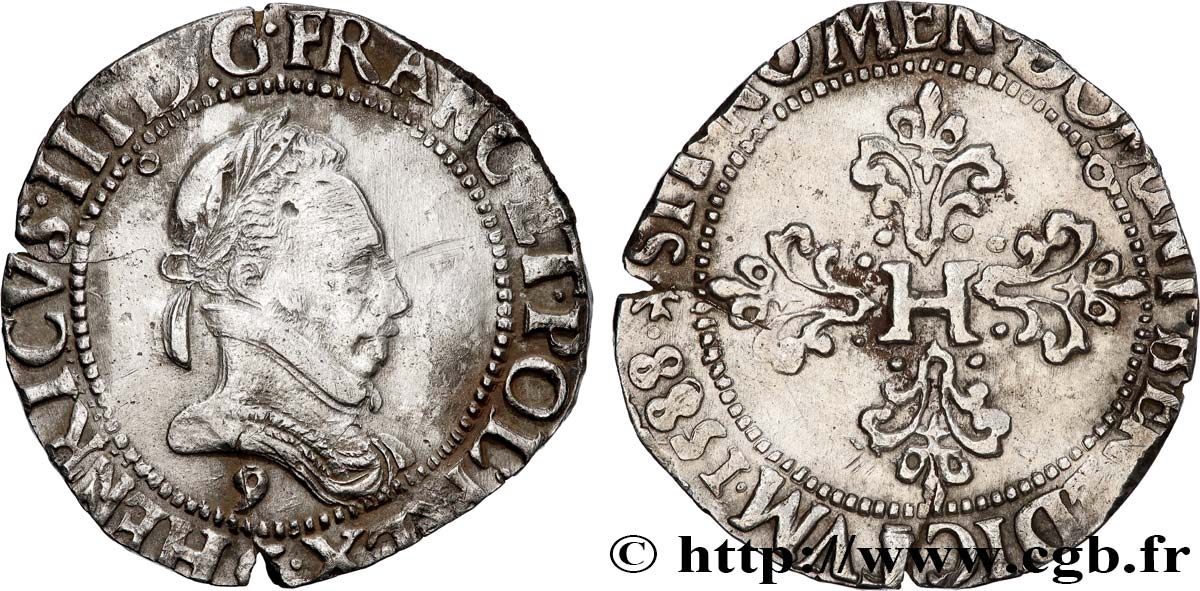 HENRY III Demi-franc au col plat 1588 Rennes VF/XF