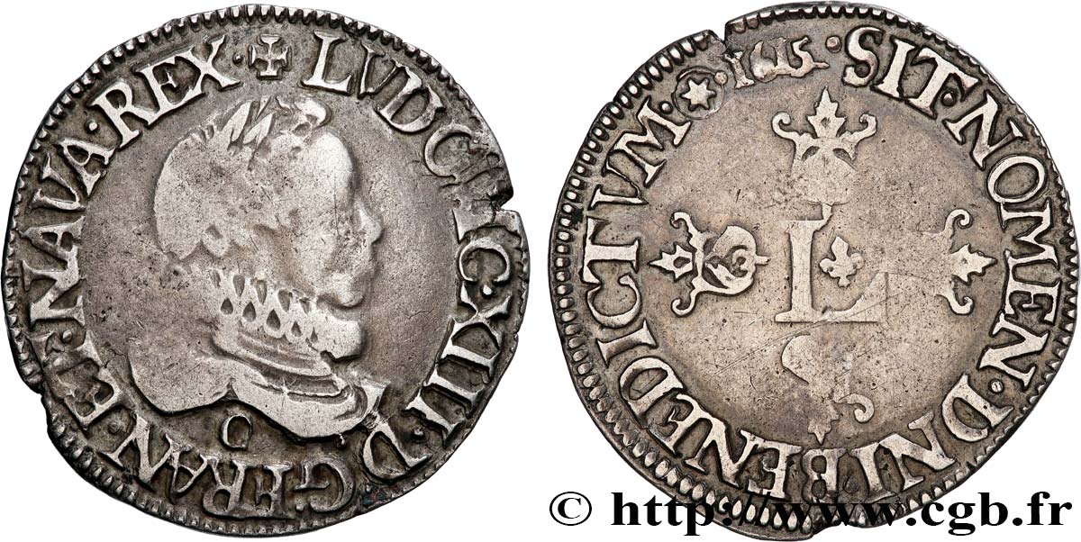 LOUIS XIII Demi-franc au grand buste lauré et au col fraisé 1615 Saint-Lô VF