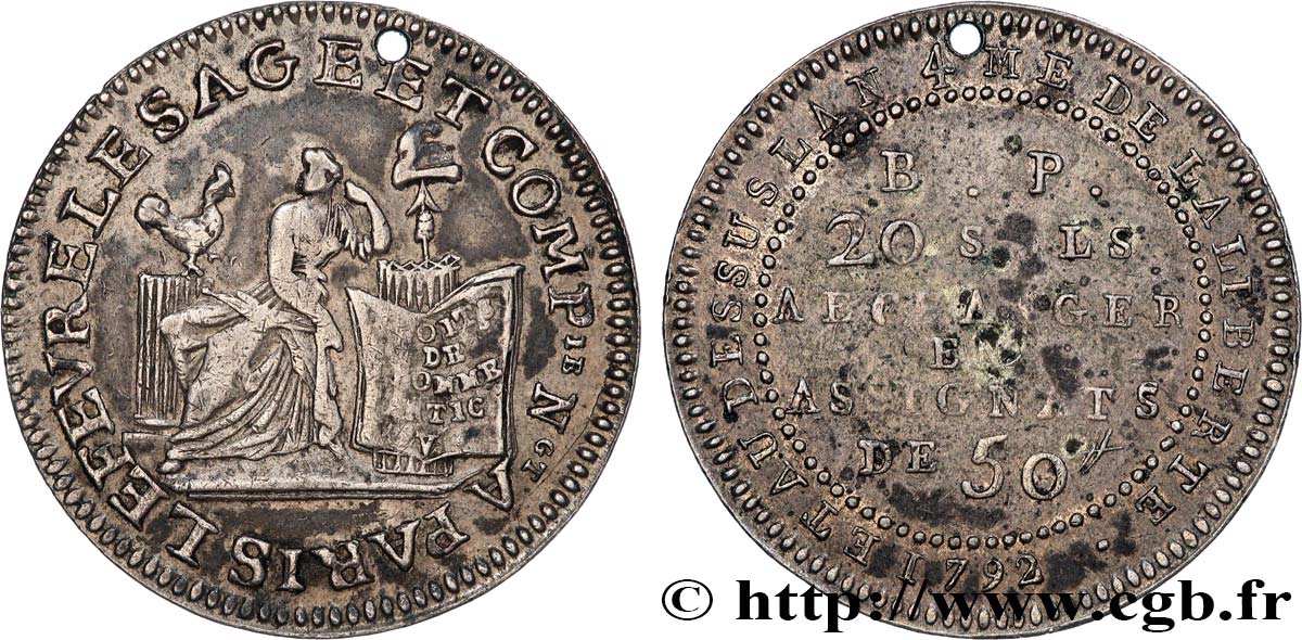 REVOLUTION COINAGE 20 sols de Lefèvre Lesage et Cie 1792 Paris SS/fSS