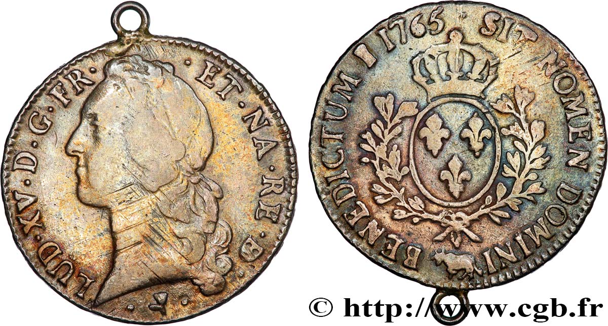 LOUIS XV THE BELOVED Écu aux branches d’olivier, tête ceinte d’un bandeau 1765 Pau VF/VF