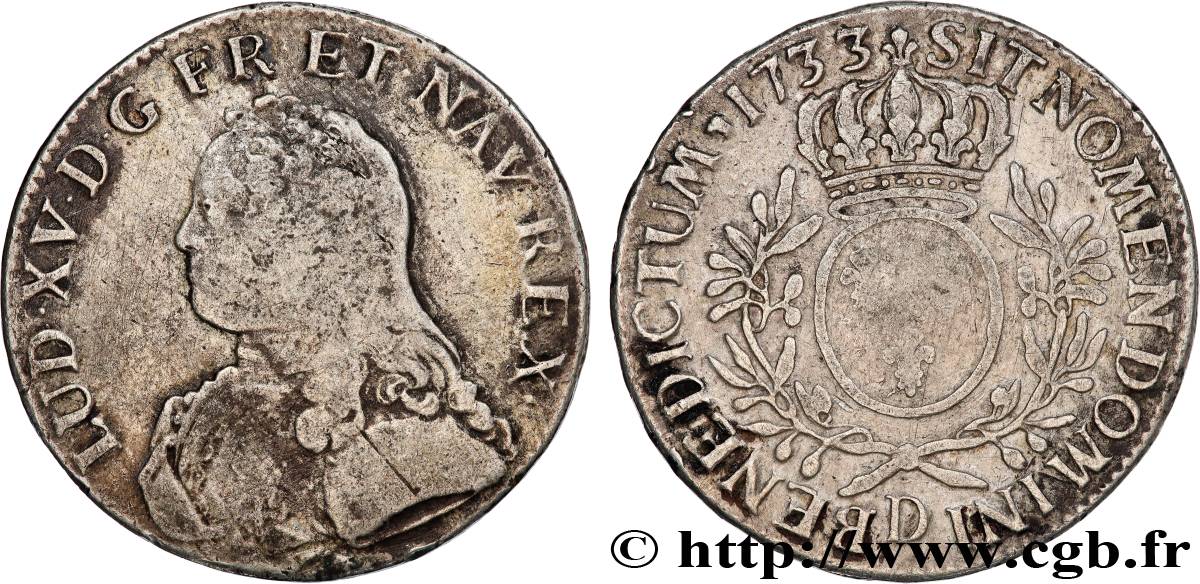 LOUIS XV THE BELOVED Écu aux branches d olivier, buste habillé 1733 Lyon VF/VF