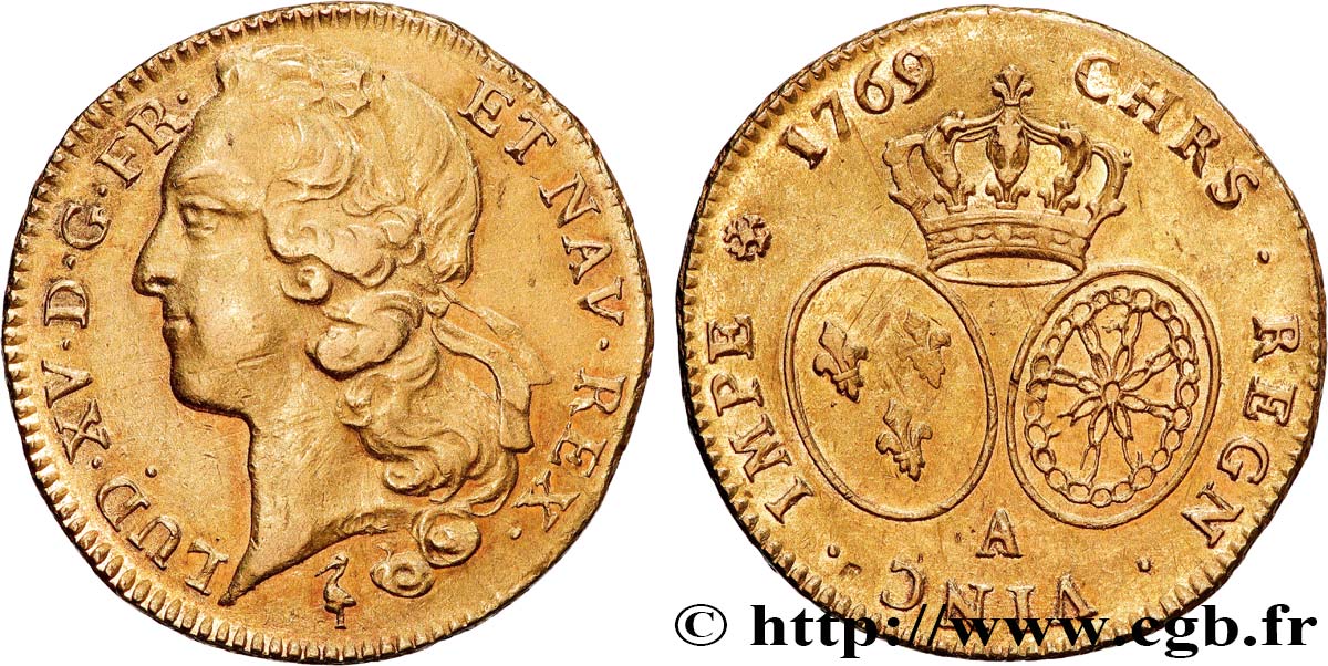 LOUIS XV THE BELOVED Double louis d’or aux écus ovales, tête ceinte d’un bandeau 1769 Paris AU