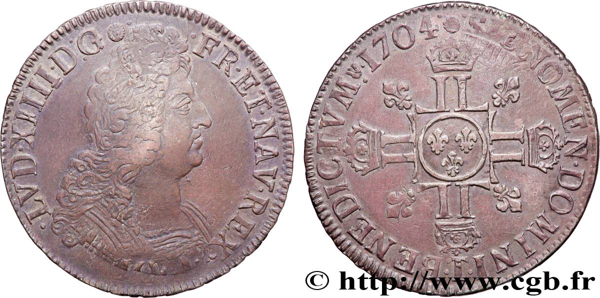 LOUIS XIV  THE SUN KING  Écu aux huit L, 2e type 1704 Nantes MBC/MBC+