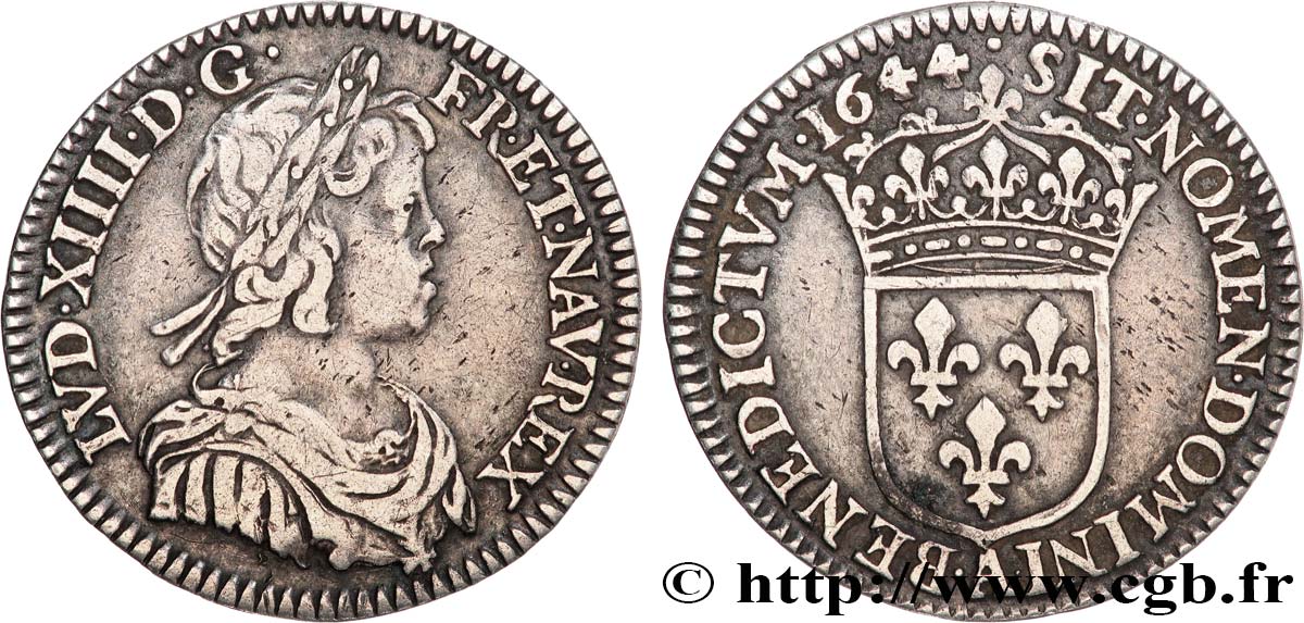 LOUIS XIV  THE SUN KING  Douzième d écu, portrait à la mèche courte 1644 Paris, Monnaie de Matignon XF